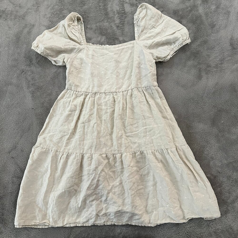 MNG Mango 100% Linen Dress Women's 6 Square Neck Puff Sleeve Peasant Boho